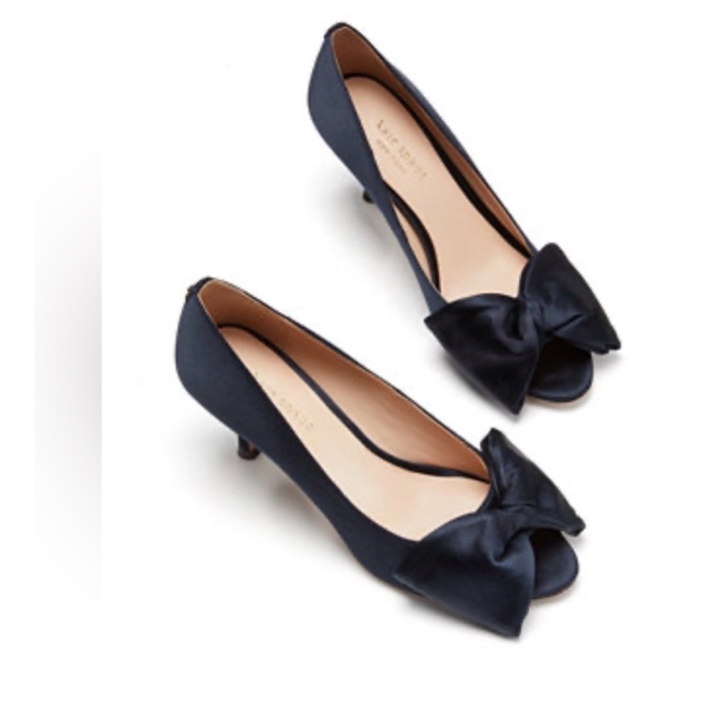 Kate Spade Crawford Peep Toe Navy Satin Bow Heels NIB Sz 5.5 Ret $228